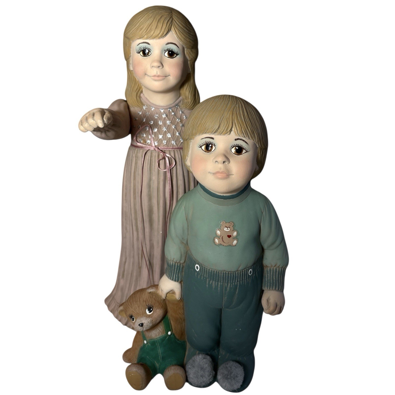 Vintage 1970s Large Big-Eye Boy and Girl Slip-Cast Ceramic Hobbyist Statue