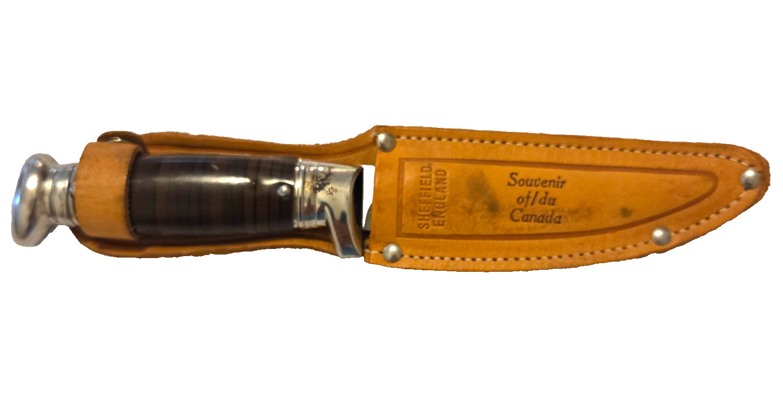 Vtg Sheffield England Hunting Knife Stacked Leather Sheath Souvenir Of Canada