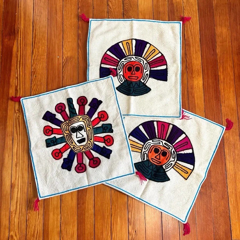 Vintage 1970s Embroidered Sun God Pillow Covers Set Of 3 Peruvian Folk Art