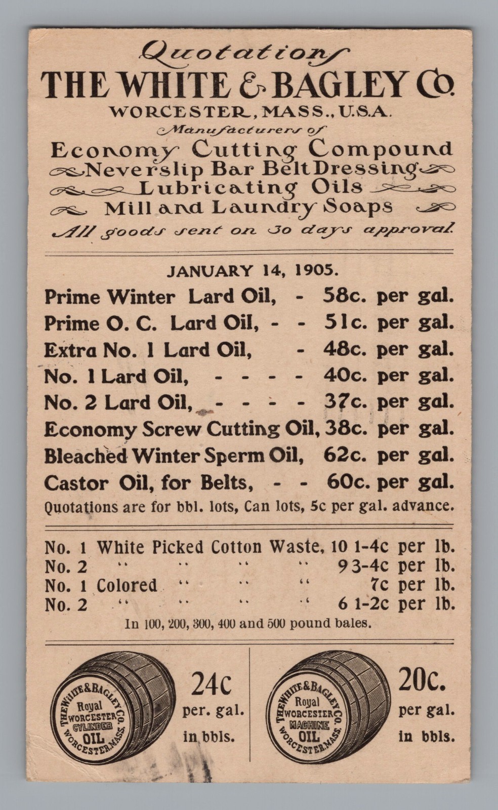 1905 White Bagley Oil Advertising Postal Card Barrel Royal Worcester HB Smith Co