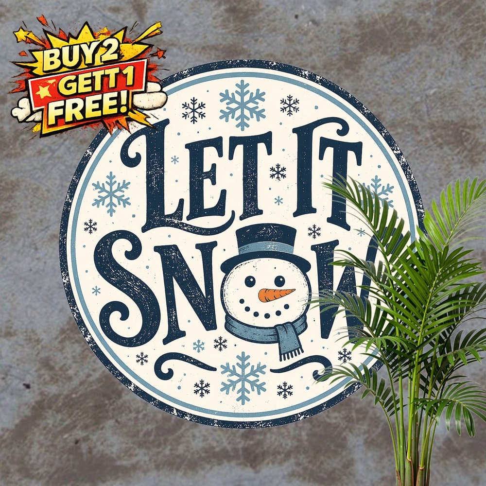 Let It Snow Winter Snowman Snowflake Metal Tin Sign Holiday Decor 8x8
