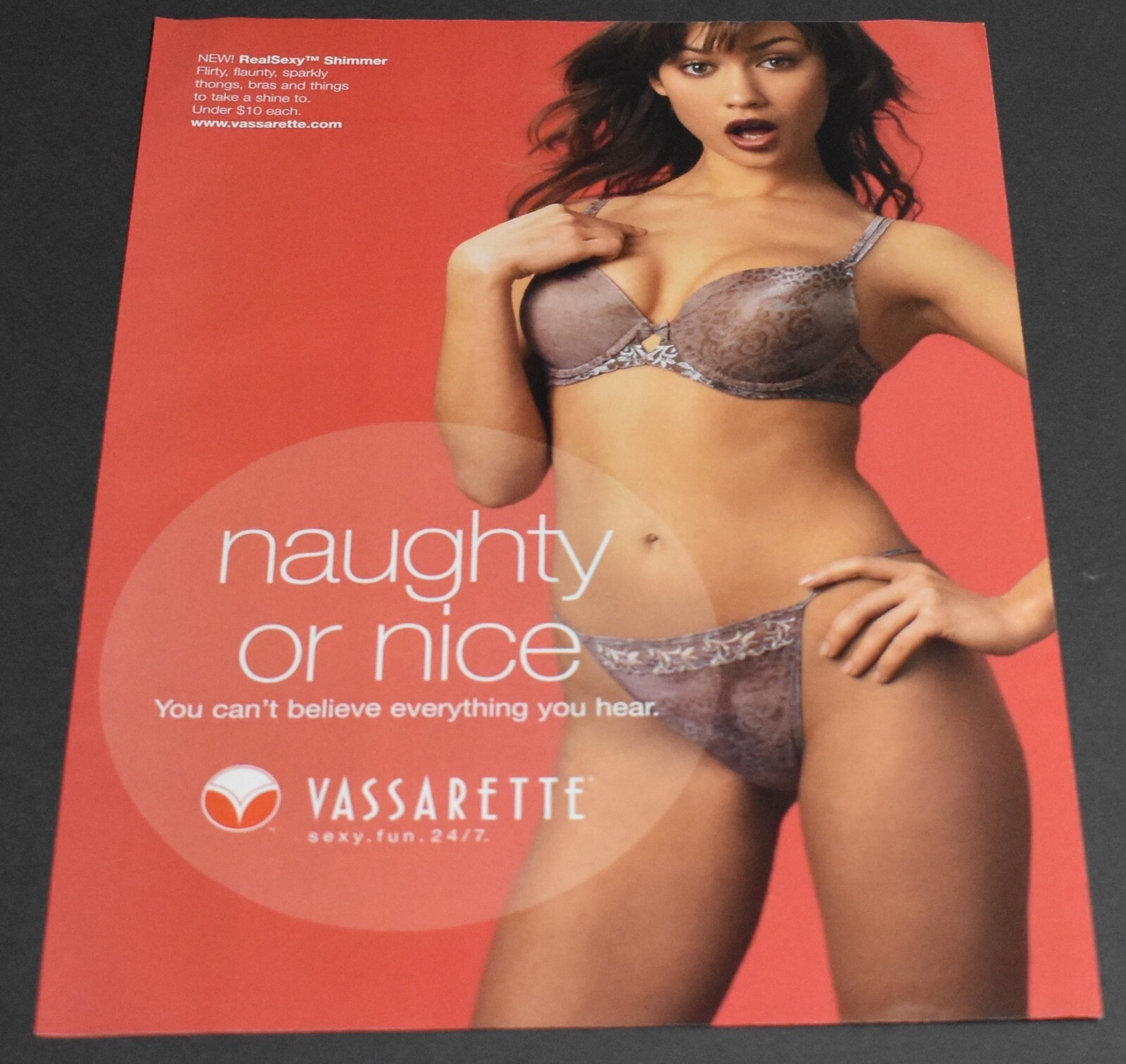 2004 Print Ad Vassarette Bra Panties Naughty Nice Brunette Sexy Shimmer Art Lady