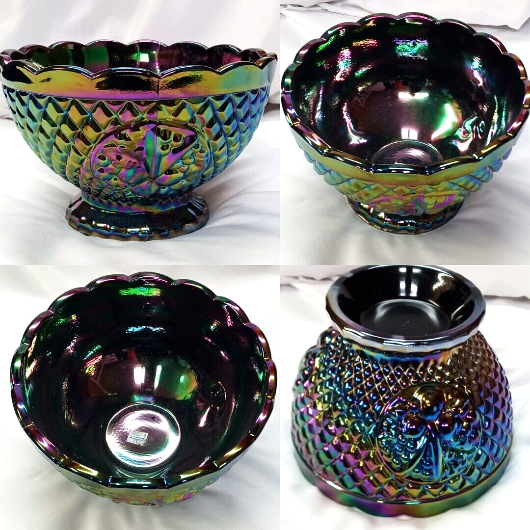 FENTON VTG IRRIDESCENT AMETHYST GRAPE CARNIVAL GLASS FOOTED BOWL REPRODUCTION FENTON VTG IRRIDESCENT AMETHYST GRAPE CARNIVAL GLASS FOOTED BOWL REPRODUCTION