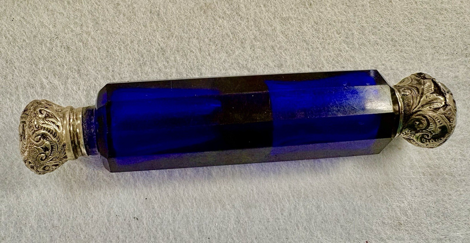 Antique COBALT Blue DOUBLE \'LayDown\' PERFUME smelling salts Bottle STERLING caps