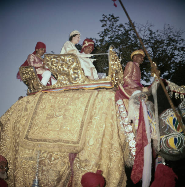 Queen Elizabeth II Sir Man Singh II Maharaja Jaipur riding elep- 1961 Old Photo