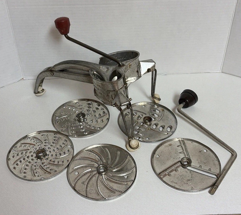 Vtg Mouli Shredder with 5 Blades & Handle Made in France Salad Maker Extra Hdl