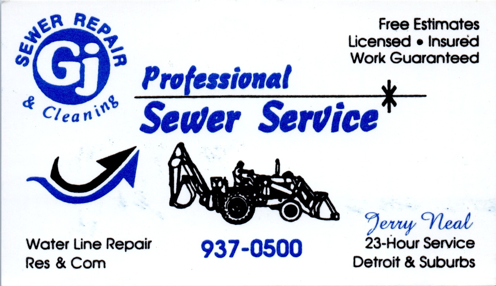 Jerry Neal Sewer Repair & Cleaning Professional Detroit Michigan Business Card