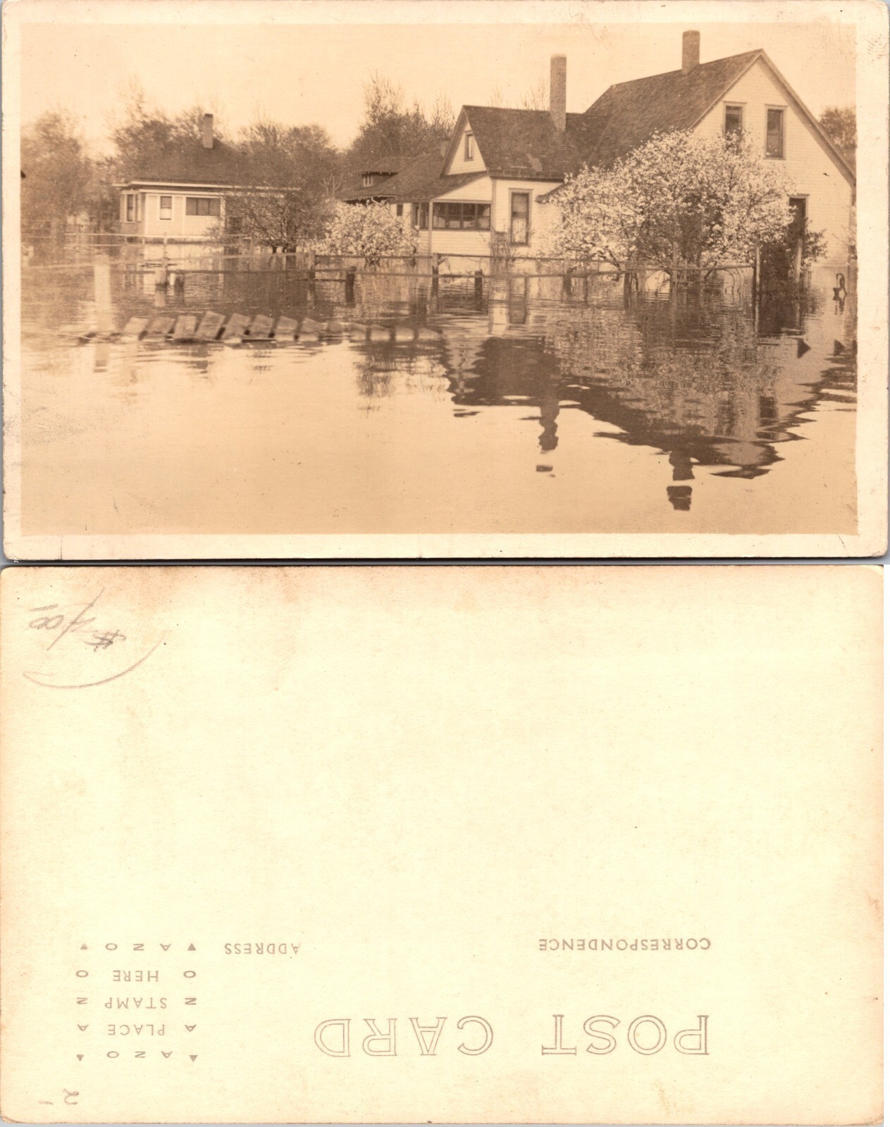 Vintage RPPC Flooded Homes & Spring Blossoms Real Photo Postcard