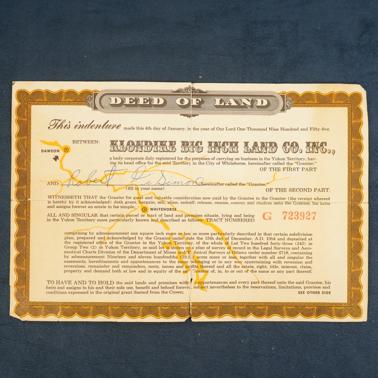Vintage Klondike Big Inch Land Co. Deed of Land ca. 1954 -  USA