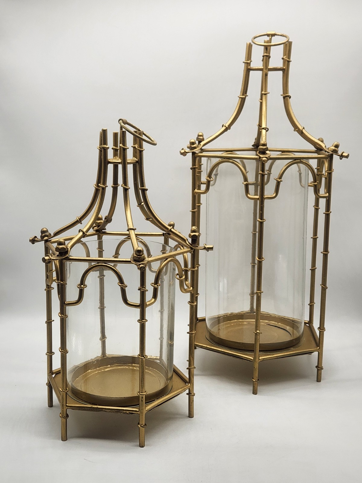 Two\'s Company Pair of Faux Bamboo Gilded Iron Pagoda Lanterns 18.25\