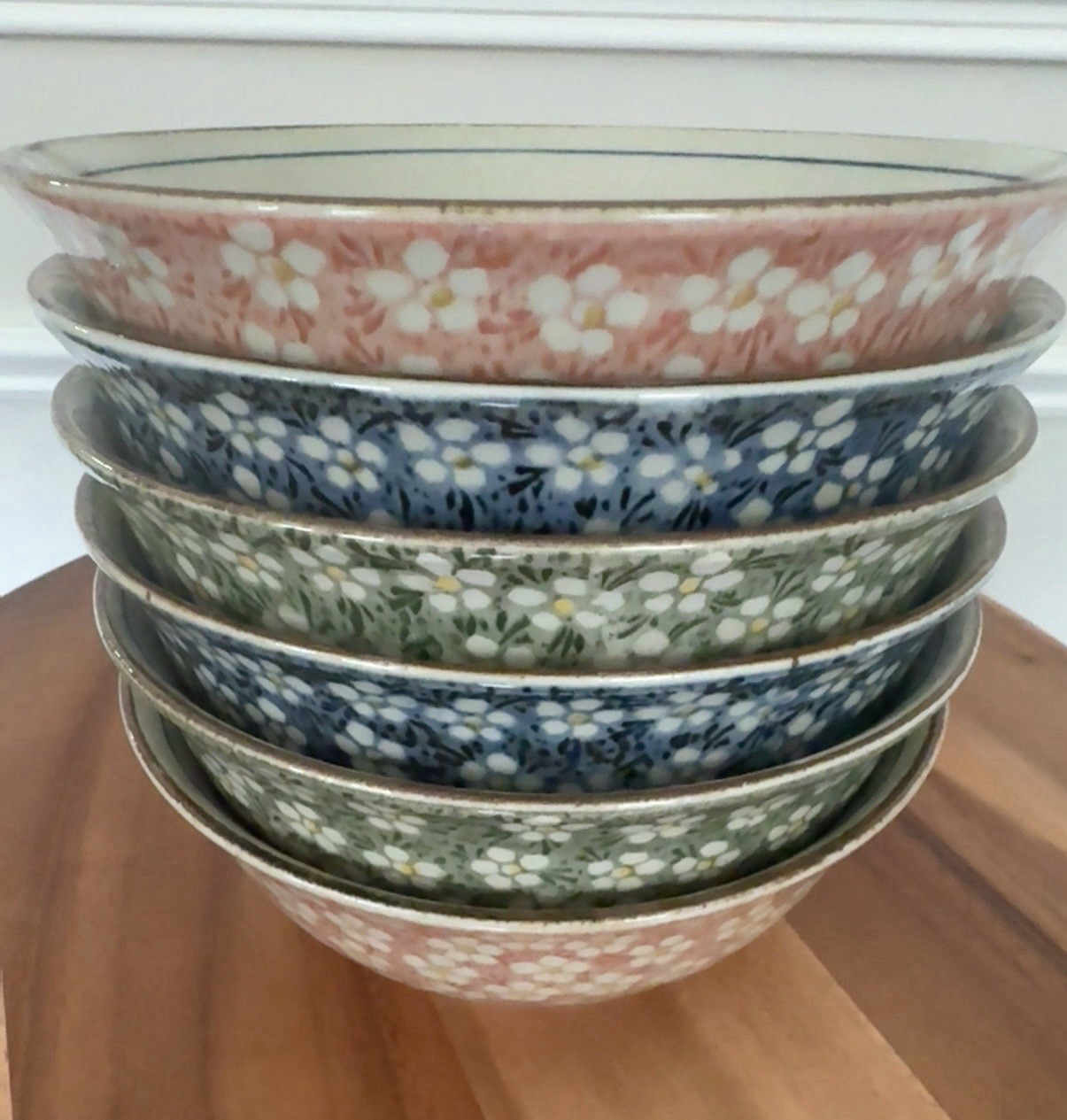 RARE VTG Japan Mino Ware Sakura Donburi Bowls-7.25” Set-6-Pink, Blue & Green
