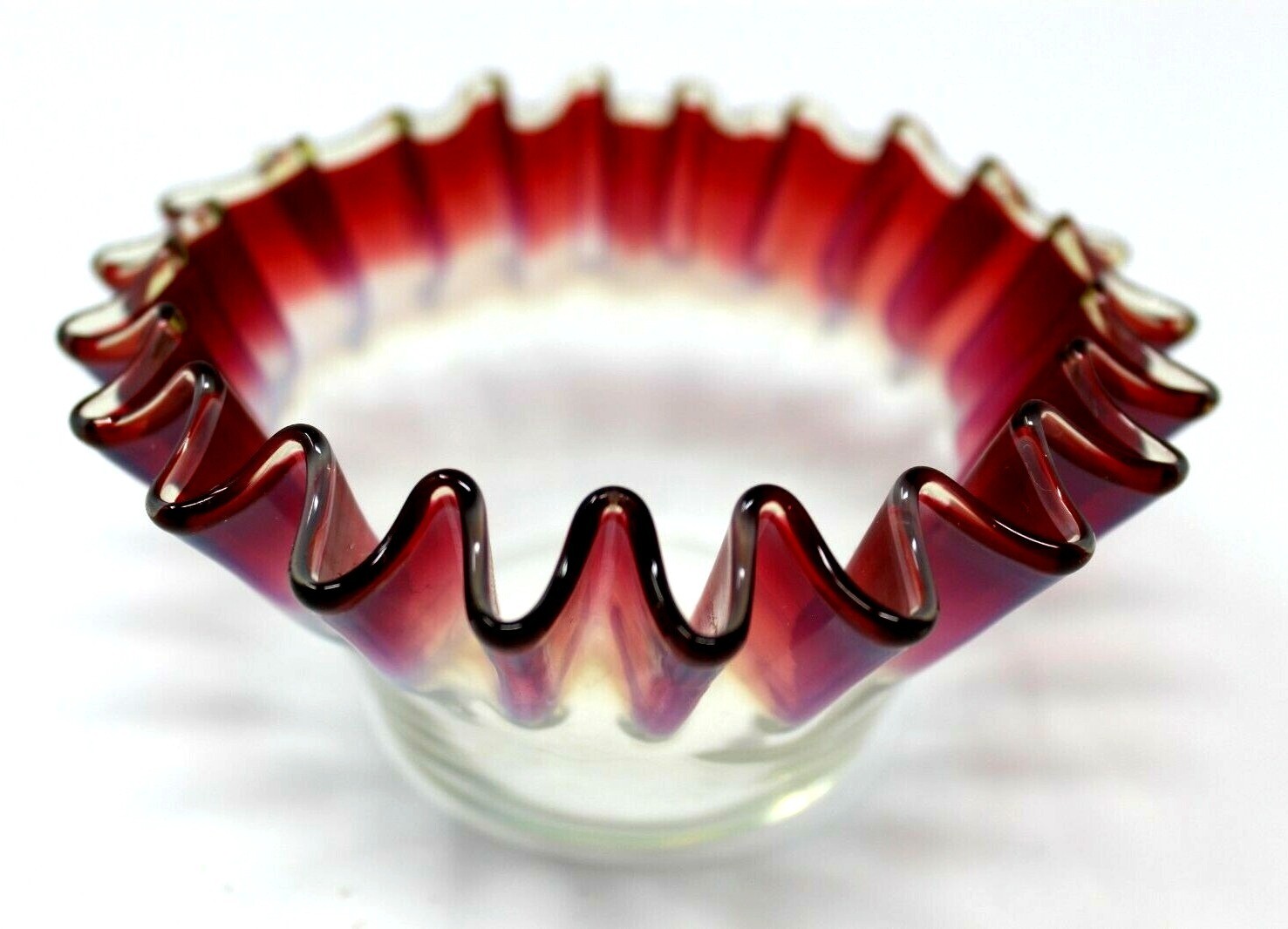 CRANBERRY OPALESCENT RUFFLED HAND BLOWN FINGER BOWL
