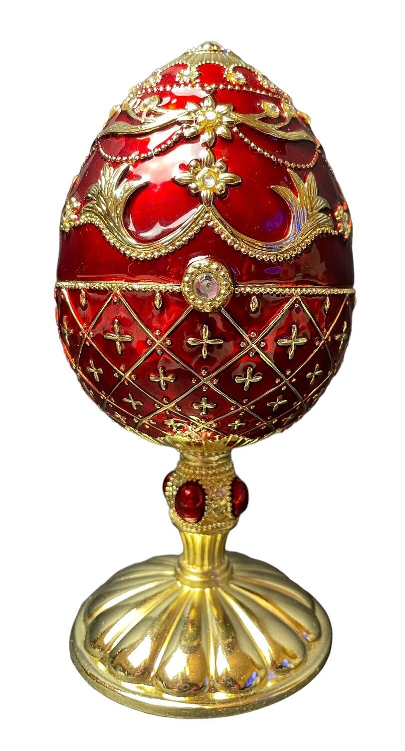 Vintage Bijou Music Box Collection Ruby Red Jeweled & Enameled Music Egg Figure