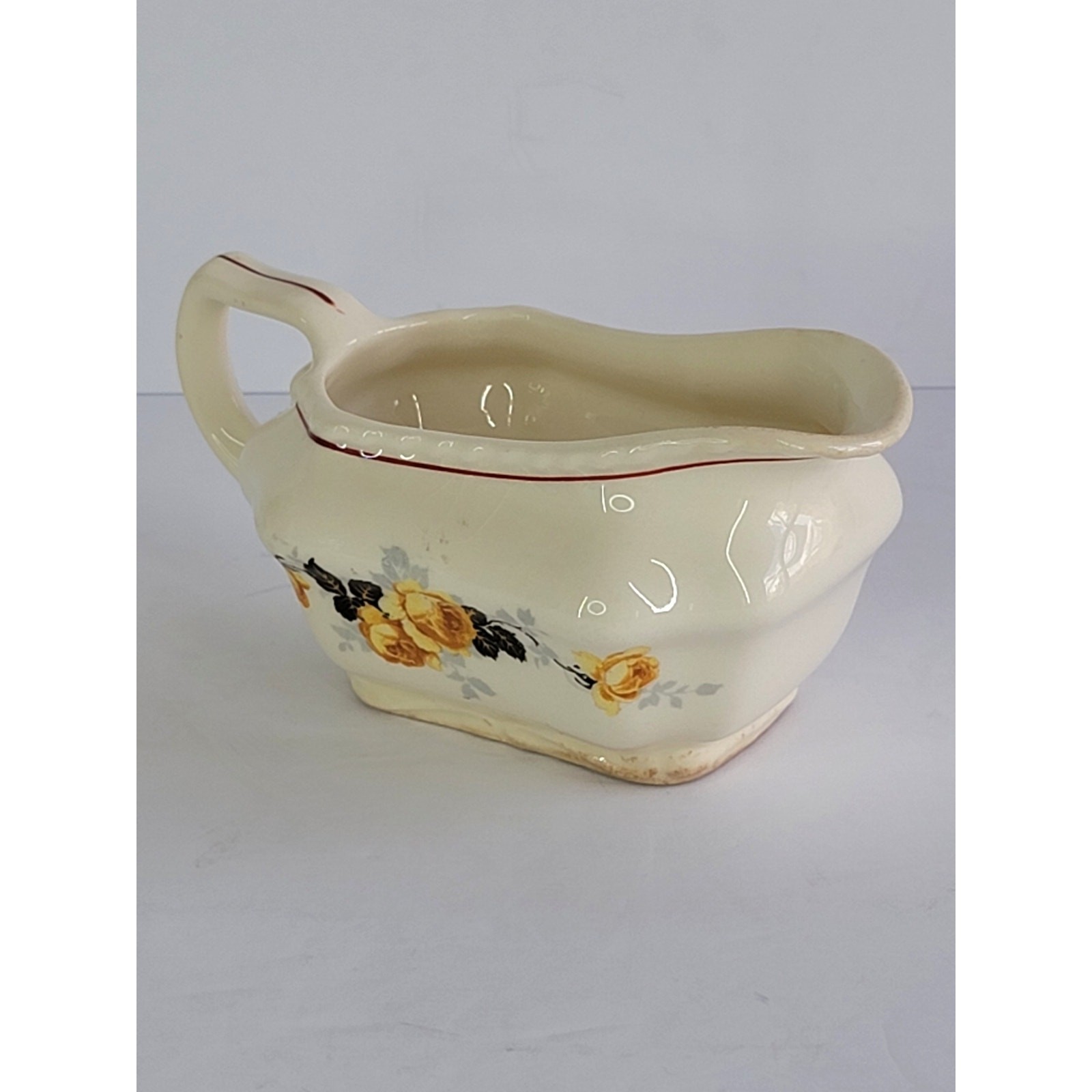 Vintage STEUBENVILLE Ivory Floral Creamer #185 Yellow Roses & Black Leaves