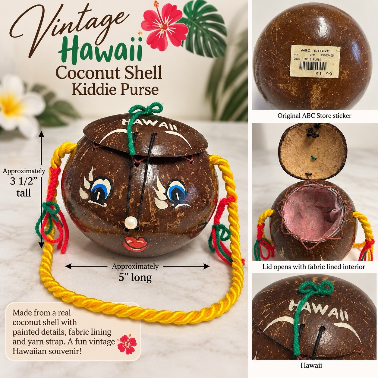 Vintage Hawaii Coconut Shell Kiddie Purse Hand Painted Face ABC Store Souvenir