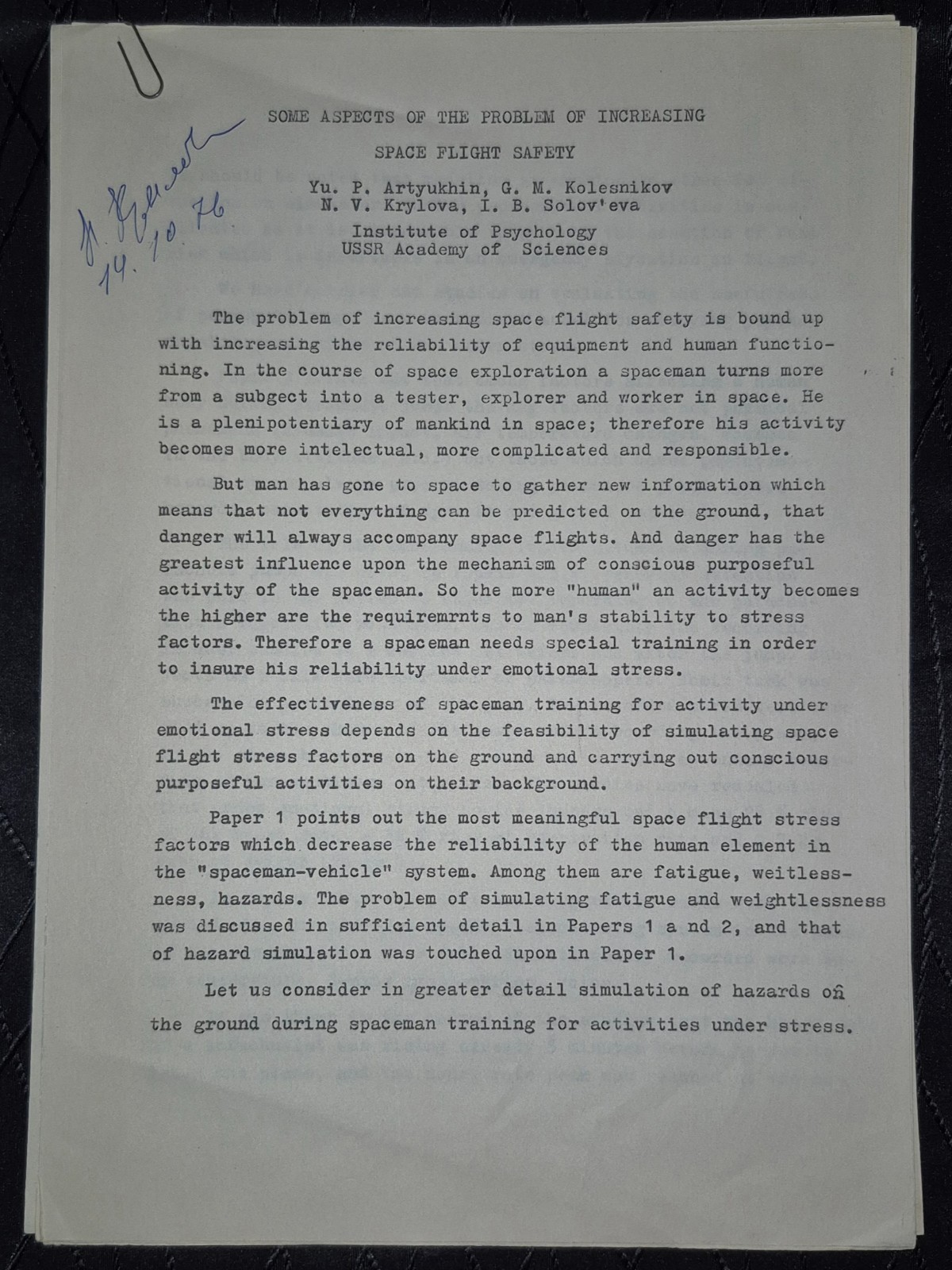 Rare Yuri Artyukhin Signed 1976 Soviet Space Flight Safety Research Paper USSR Rare Yuri Artyukhin Signed 1976 Soviet Space Flight Safety Research Paper USSR