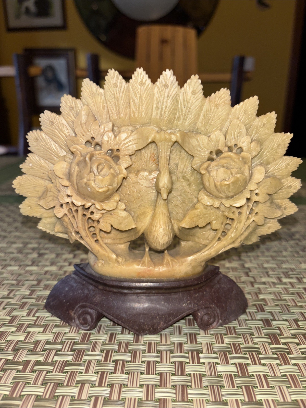 Vintage Chinese Intricate Carved Peacock Flower  Soapstone Figurine Made n China