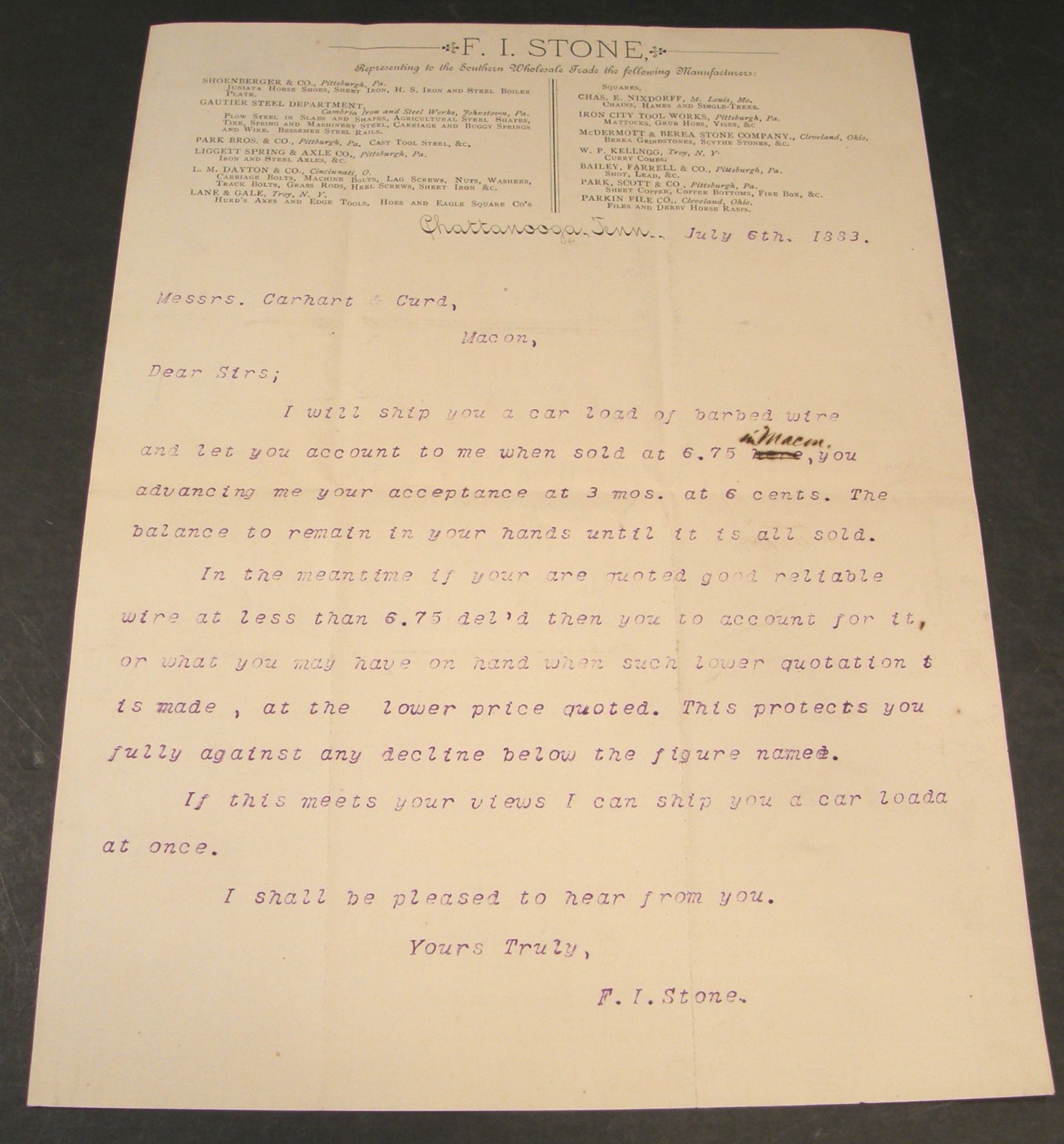 ANTIQUE 1883 LETTERHEAD F I STONE CHATTANOOGA TENNESSEE REGARDING BARBED WIRE