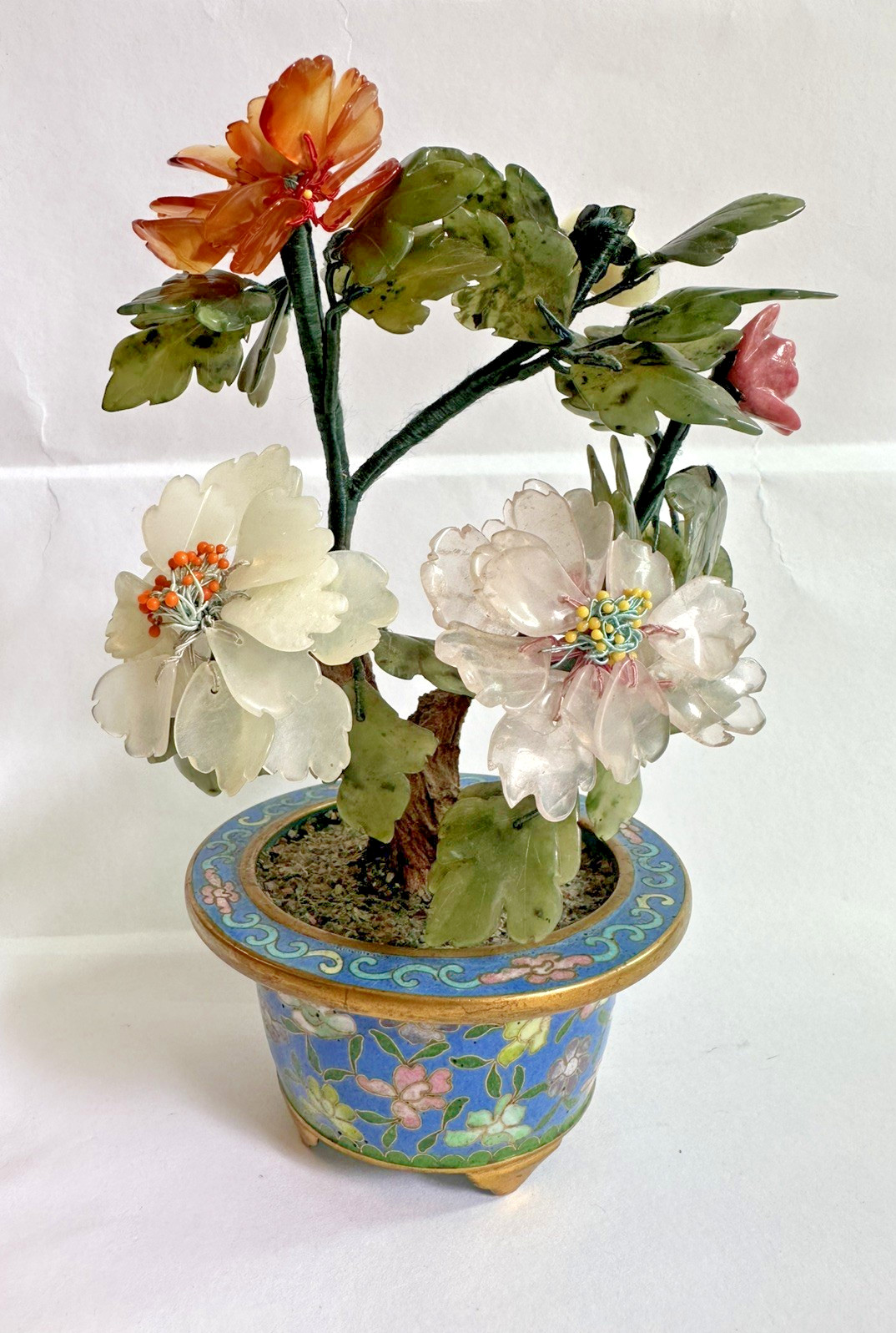 Vintage GUMP's Serpentine Jade &Precious Stone Flowers in Cloisonne Pot-MidCnty Vintage GUMP's Serpentine Jade &Precious Stone Flowers in Cloisonne Pot-MidCnty