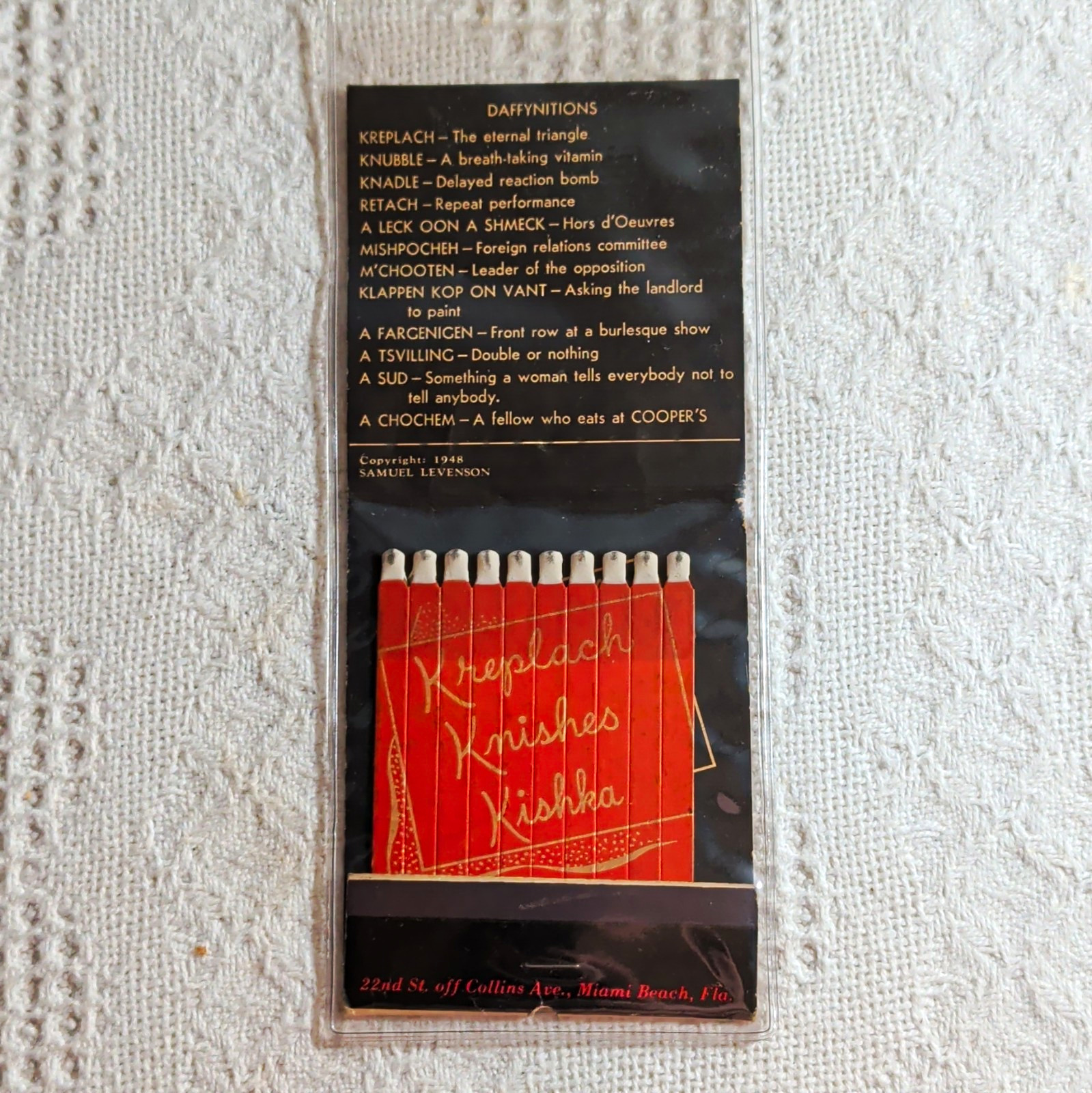 Cooper's Restaurant Matchbook, 22nd St Off Collins Ave, Miami Beach FL