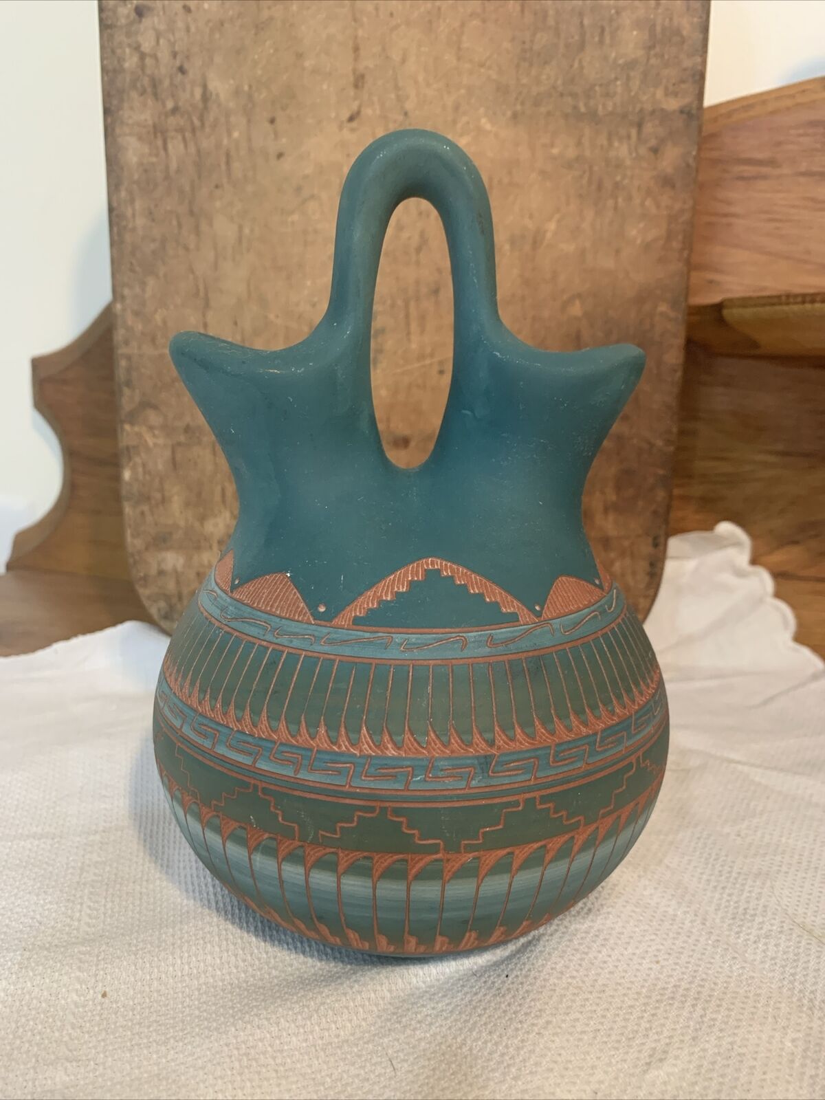 Navajo Terracotta Pottery Wedding Vase Signed Dena Johnson Handpainted Blue
