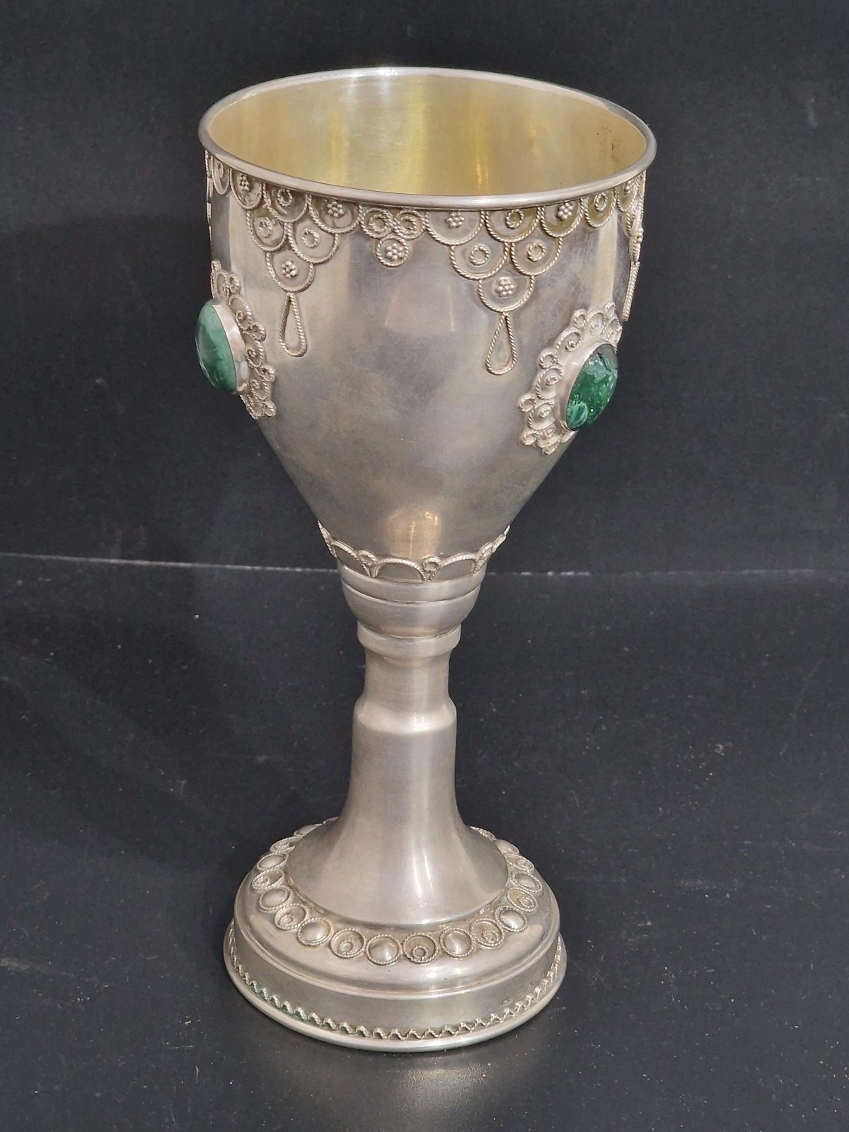 Sterling Silver Kiddush Cup, Filigree Lace Wedding Chalice with Malachite Stones