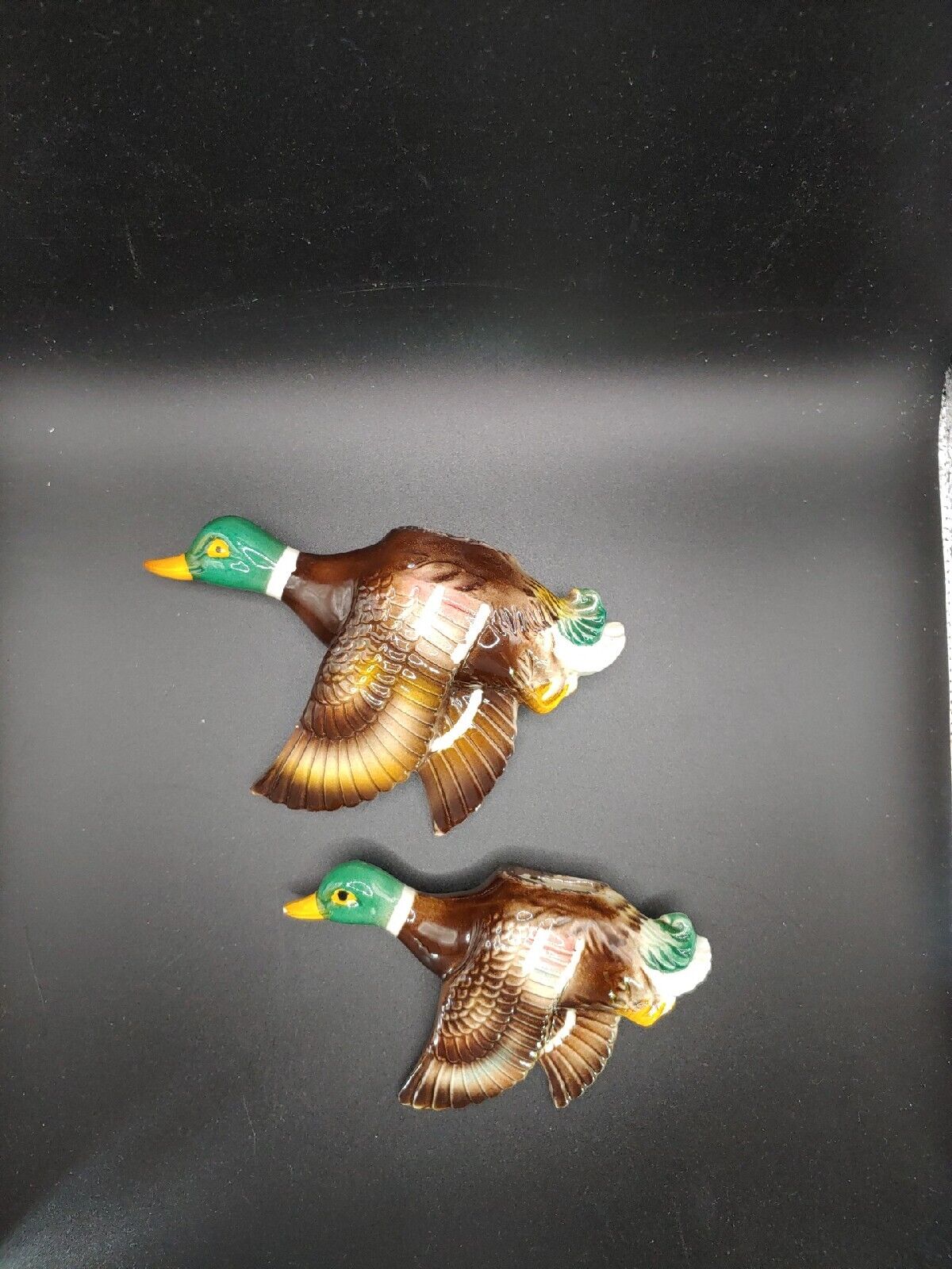 Vintage Ucagco Flying Mallard Ducks Wall Pockets Plaques - Set of 2