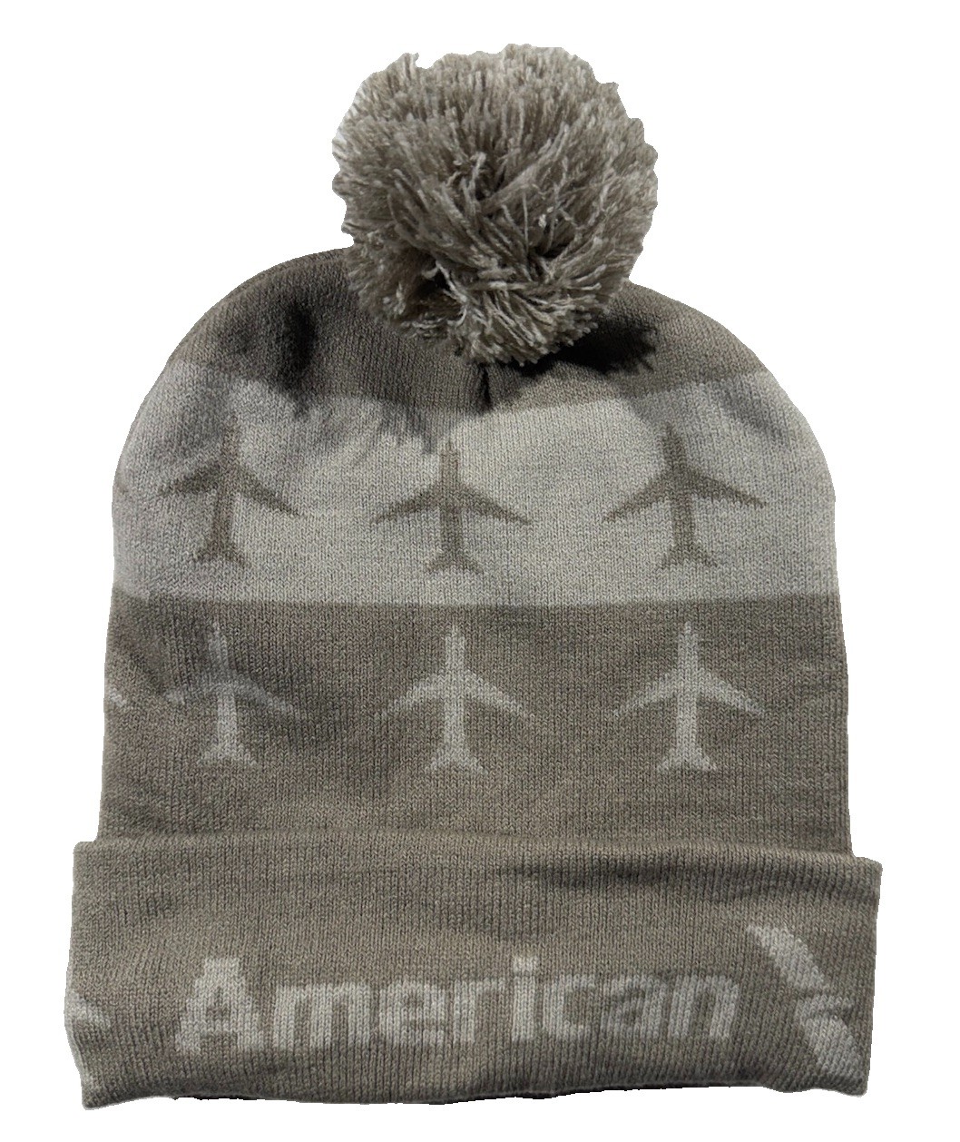 American Airlines Winter Beanie All Over Print Knit Hat Pom Tan Cream