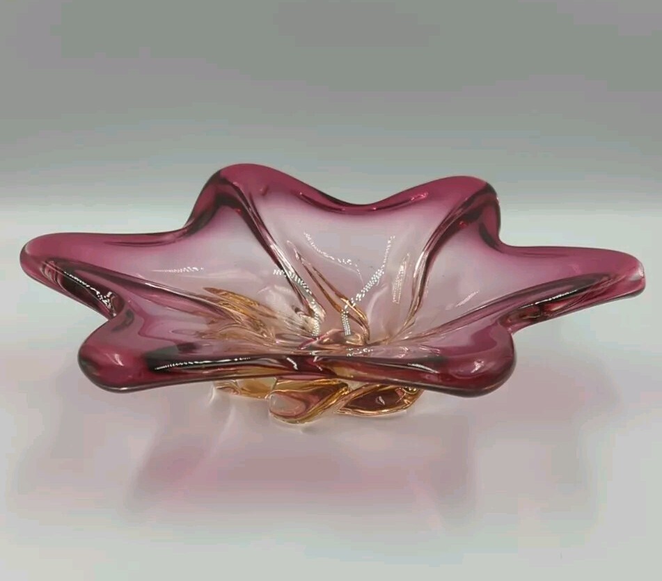 Vintage Czech Pink And Yellow Art Glass Swirl Bowl