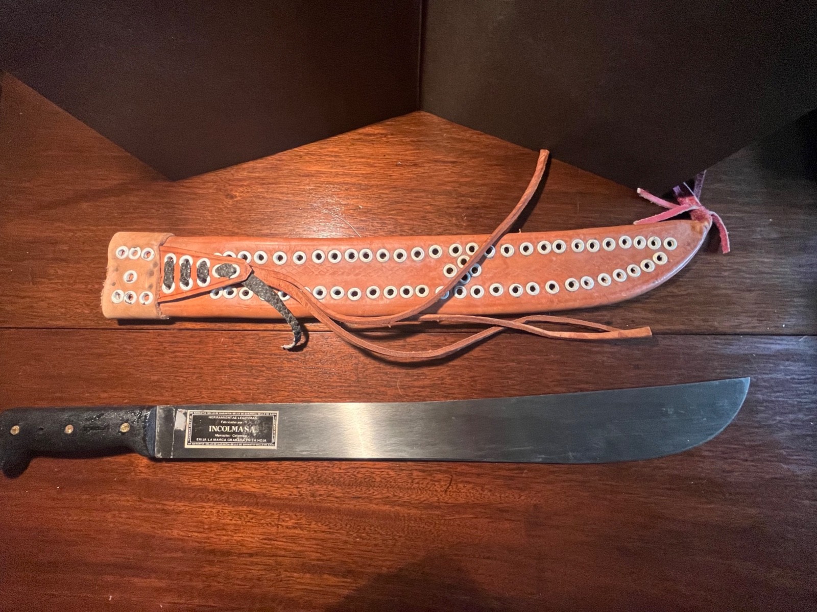 Vintage La Marca Colombian Machete 18 Inch w/Ornate Leather Scabbard