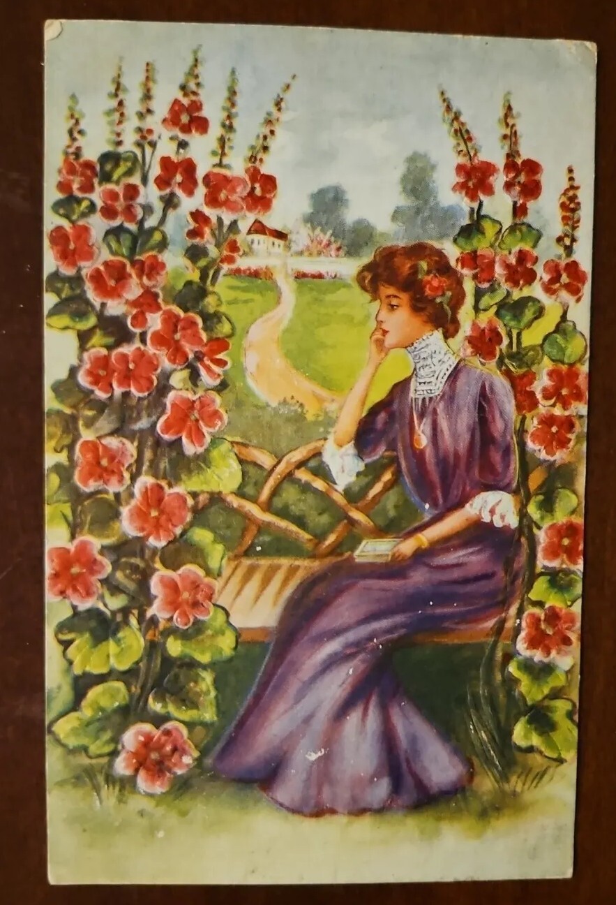 Woman In Midwestern Flower Field Embossed Art Vintage Postcard