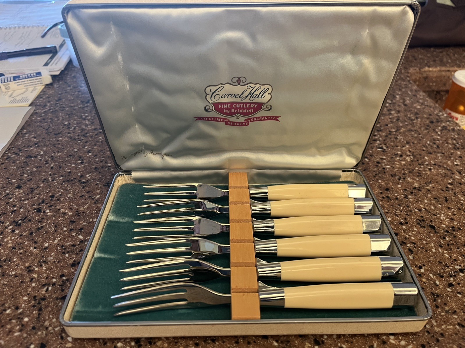 VTG Carvel Hall Stainless Steak Fork Set 6 Ivory Cream Handles w/ Original Case