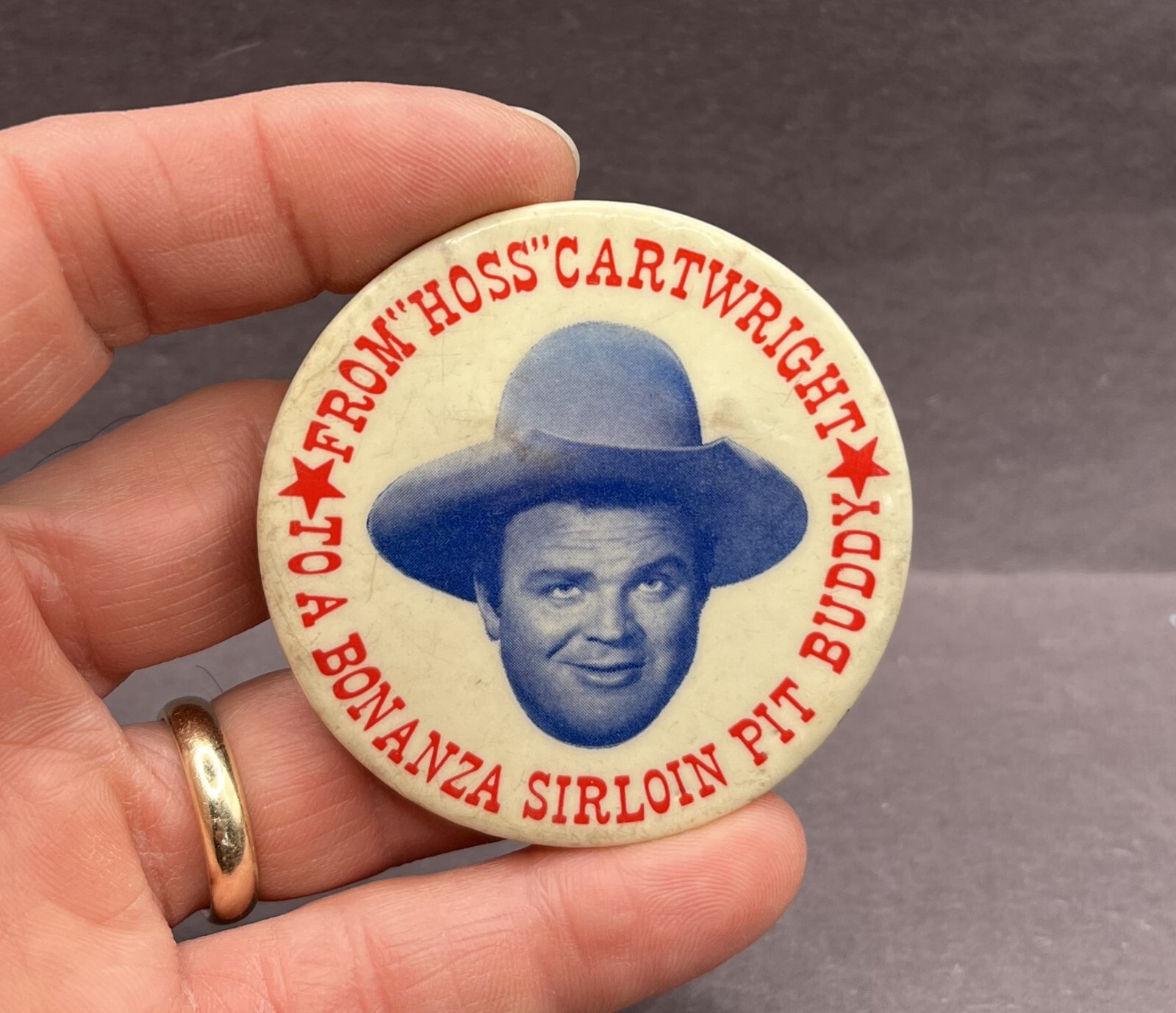 Vintage Bonanza Sirloin Pit Buddy Hoss Cartwright Pin Button Dan Blocker Orig