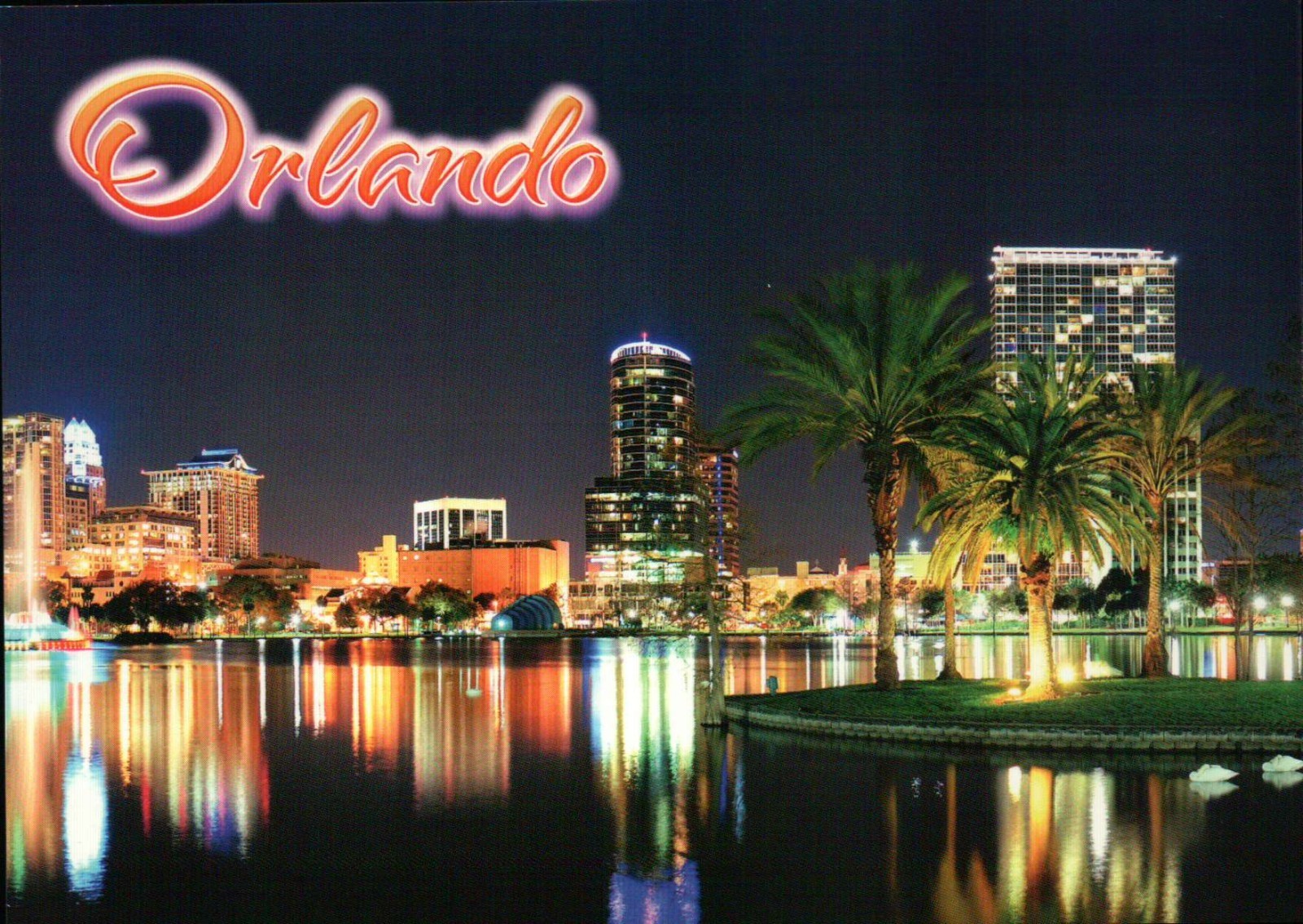 Skyline of Orlando Florida at Night, Water FL, City near Disney World - Postcard Skyline of Orlando Florida at Night, Water FL, City near Disney World - Postcard