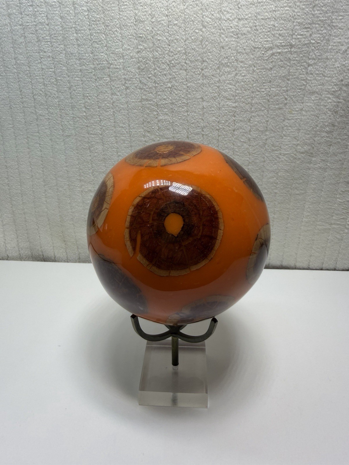 Vintage Retro Orange Wood & Resin Mosaic Sphere Ball 4” Radius VG RARE FIND