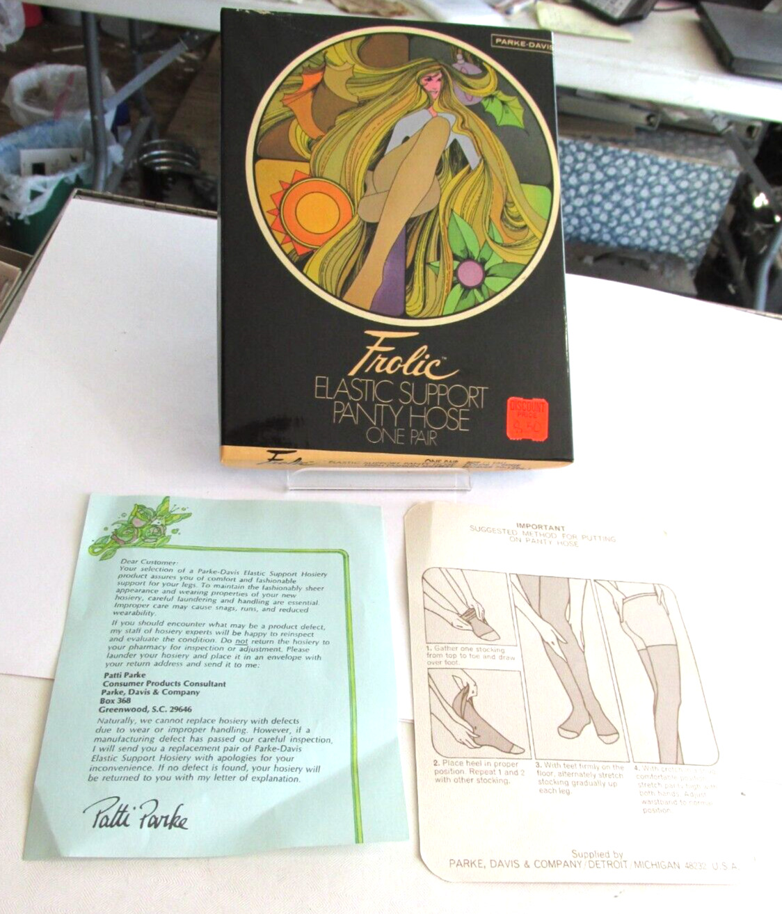 1970s FROLIC PANTY HOSE BOX With Papers, Box Only, PARKE DAVIS CO Modern Art box