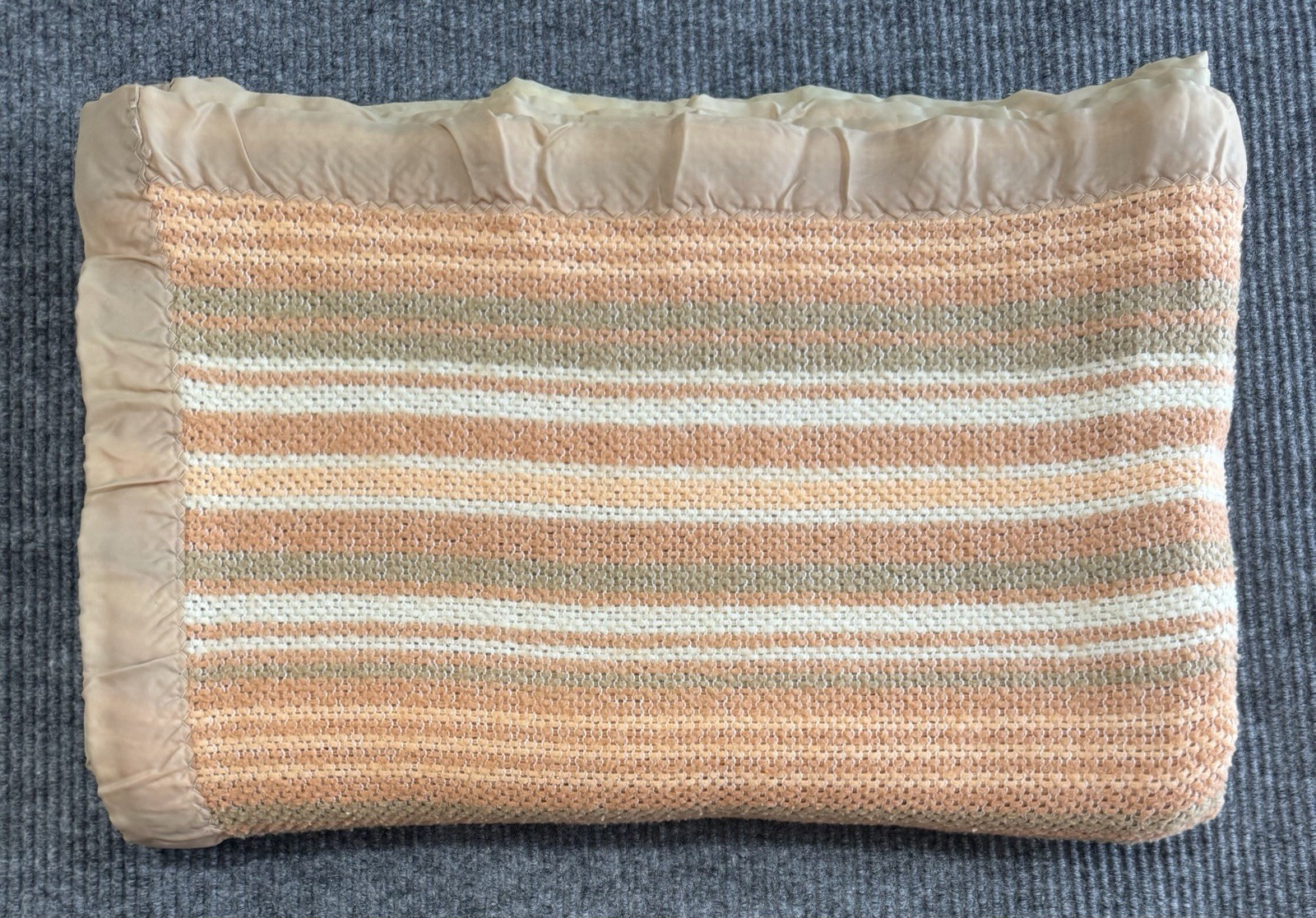 Vintage Striped Thermal Blanket 58x82 Peach Sage Cream Satin Trim Twin Full