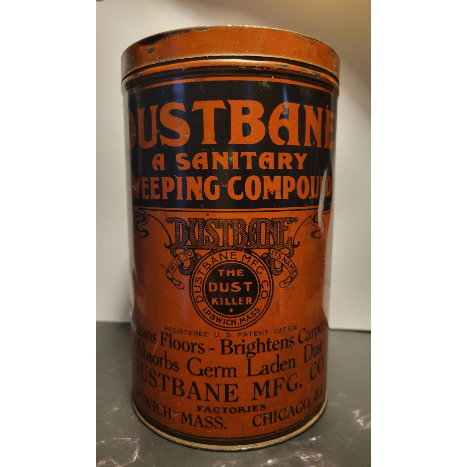 Dustbane-Sweeping Compound-Ipswich Mass. - Antique Advertising Tin W/Lid