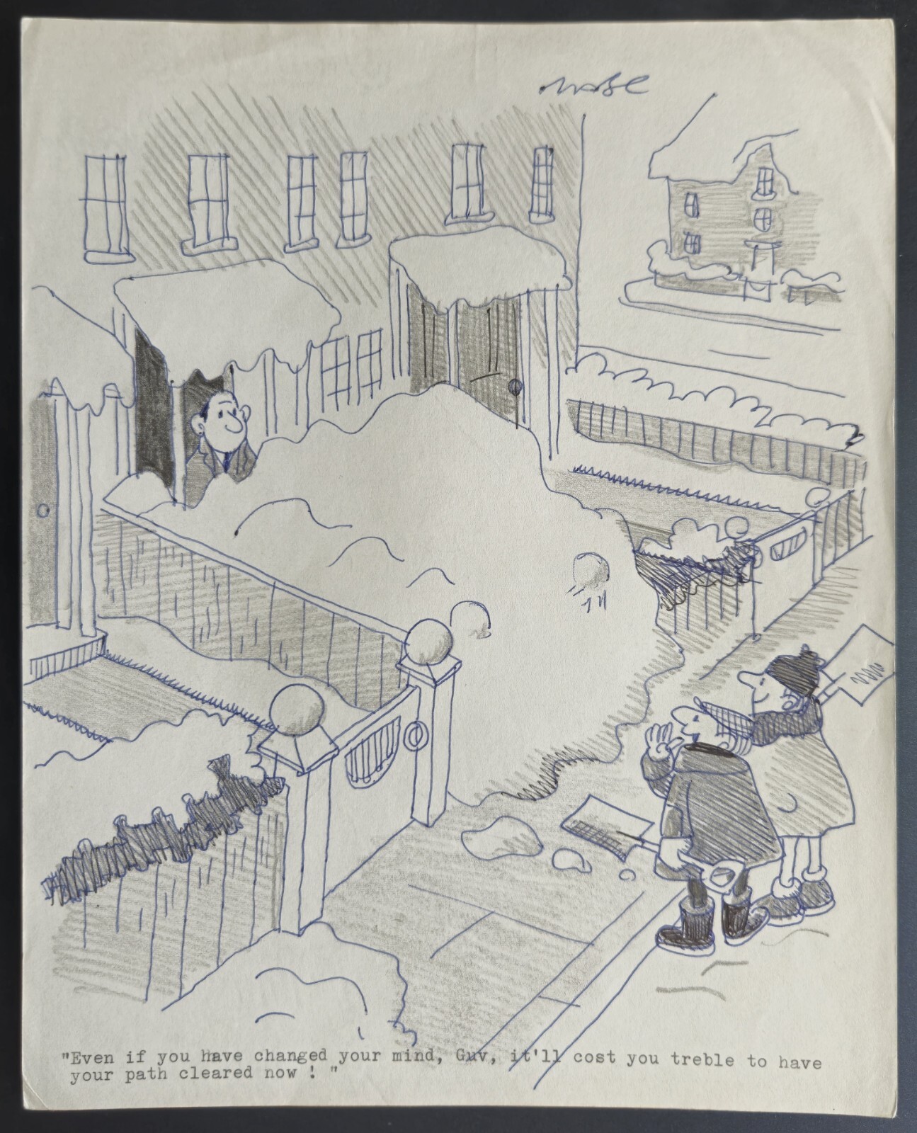 Original Illustration Art British Cartoonist Robert Coram Snow Holiday Humor