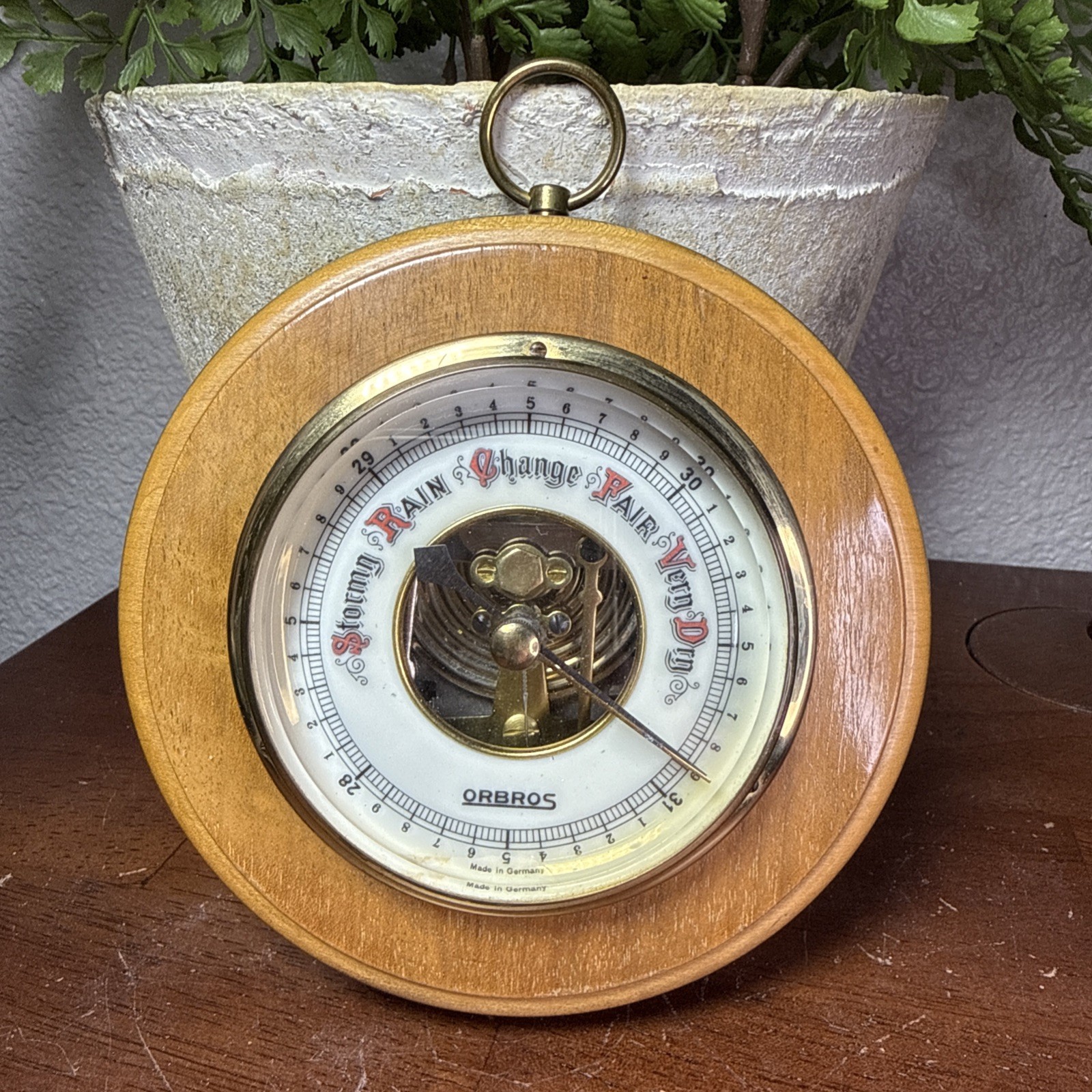 Vintage Orbros Aneroid Barometer Wood Brass West Germany Weather Station