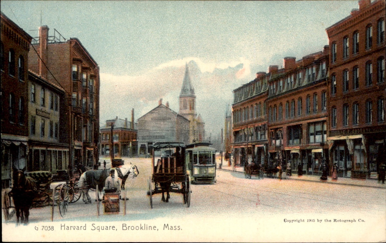 Brookline MA Harvard Square Street Scene c1905 Vintage Postcard bhn