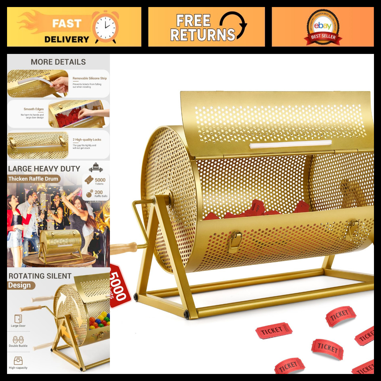 Extra Large Raffle Drum for 5000 Tickets, Silent Spinner Box for Lottery & Bingo