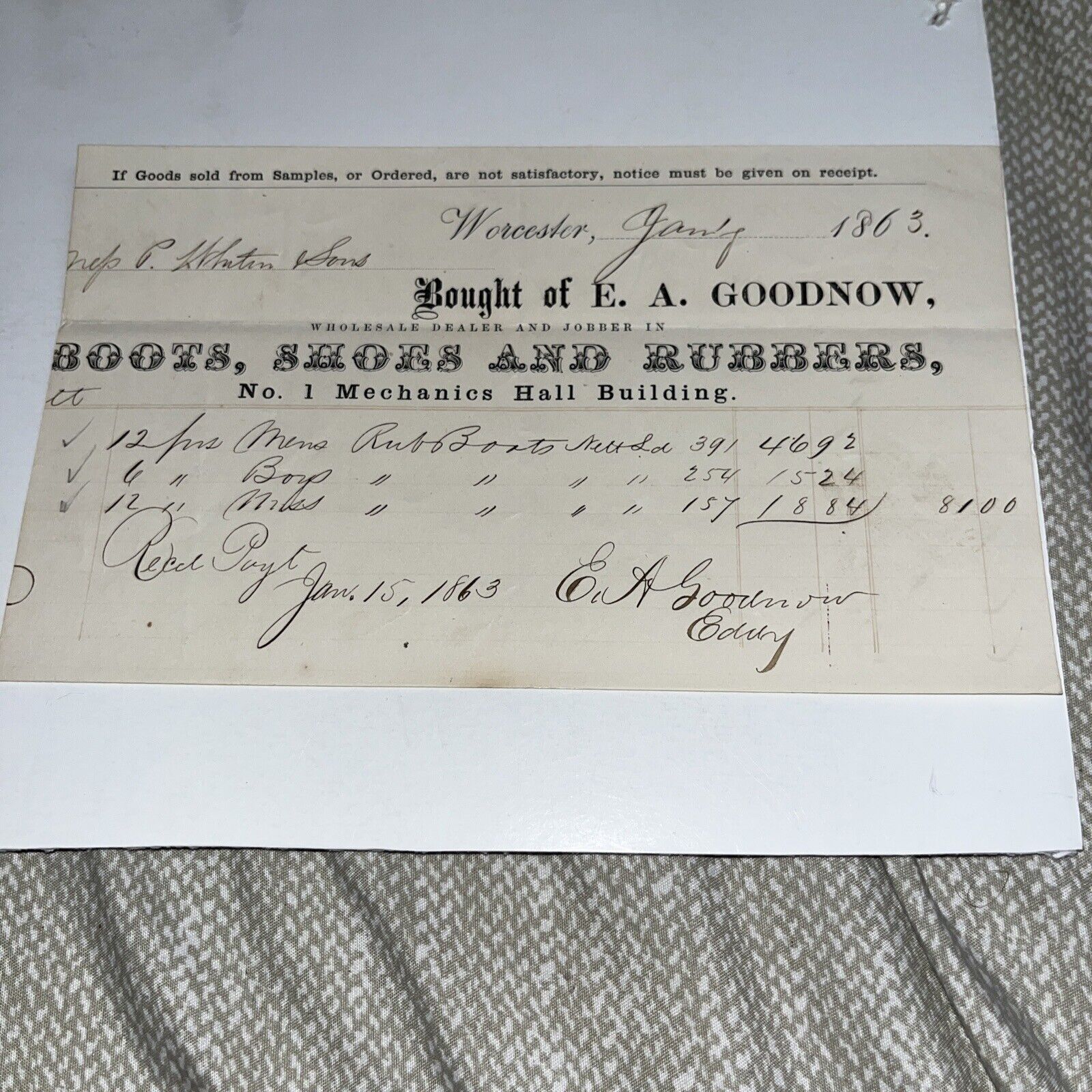 1863 Antique Letterhead Invoice: Mechanics Hall Bldg Worcester MA - EA Goodnow