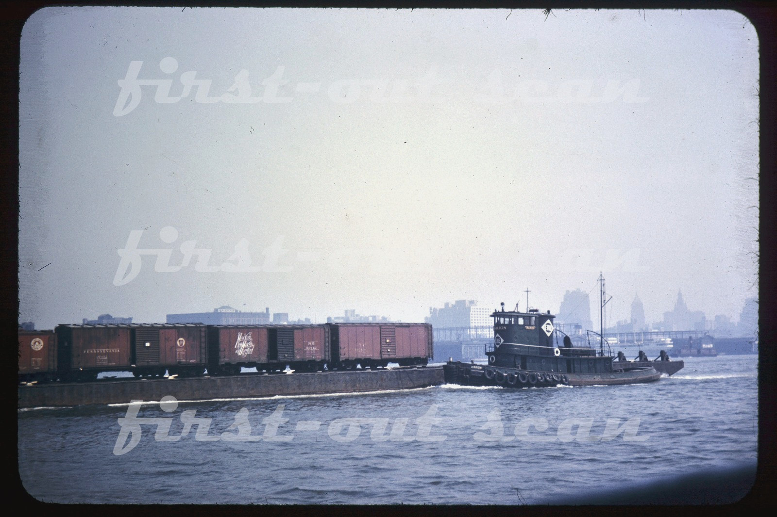 F Original Slide - Erie MARION Tug Boat Action w/ Car Float New York 1950s