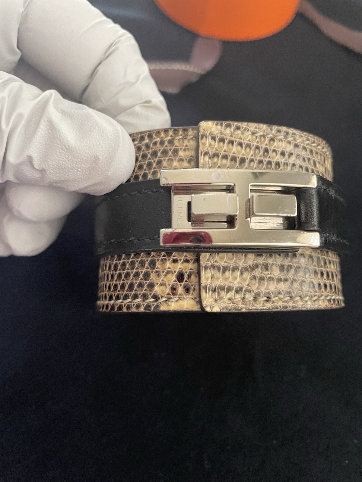 Hermes Authentic Preloved Lizard and calf skin H Cuff Bracelet