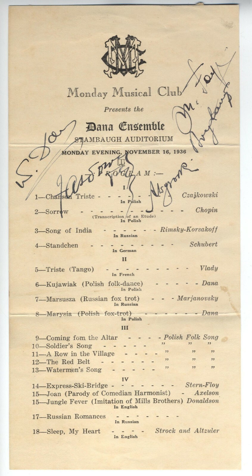 1936 YOUNGSTOWN STATE UNIVERSITY VINTAGE AUTOGRAPHS DANAS ENSEMBLE PROGRAM
