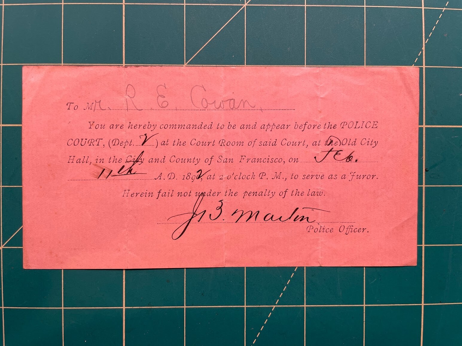 1892 Jury Summons, San Francisco