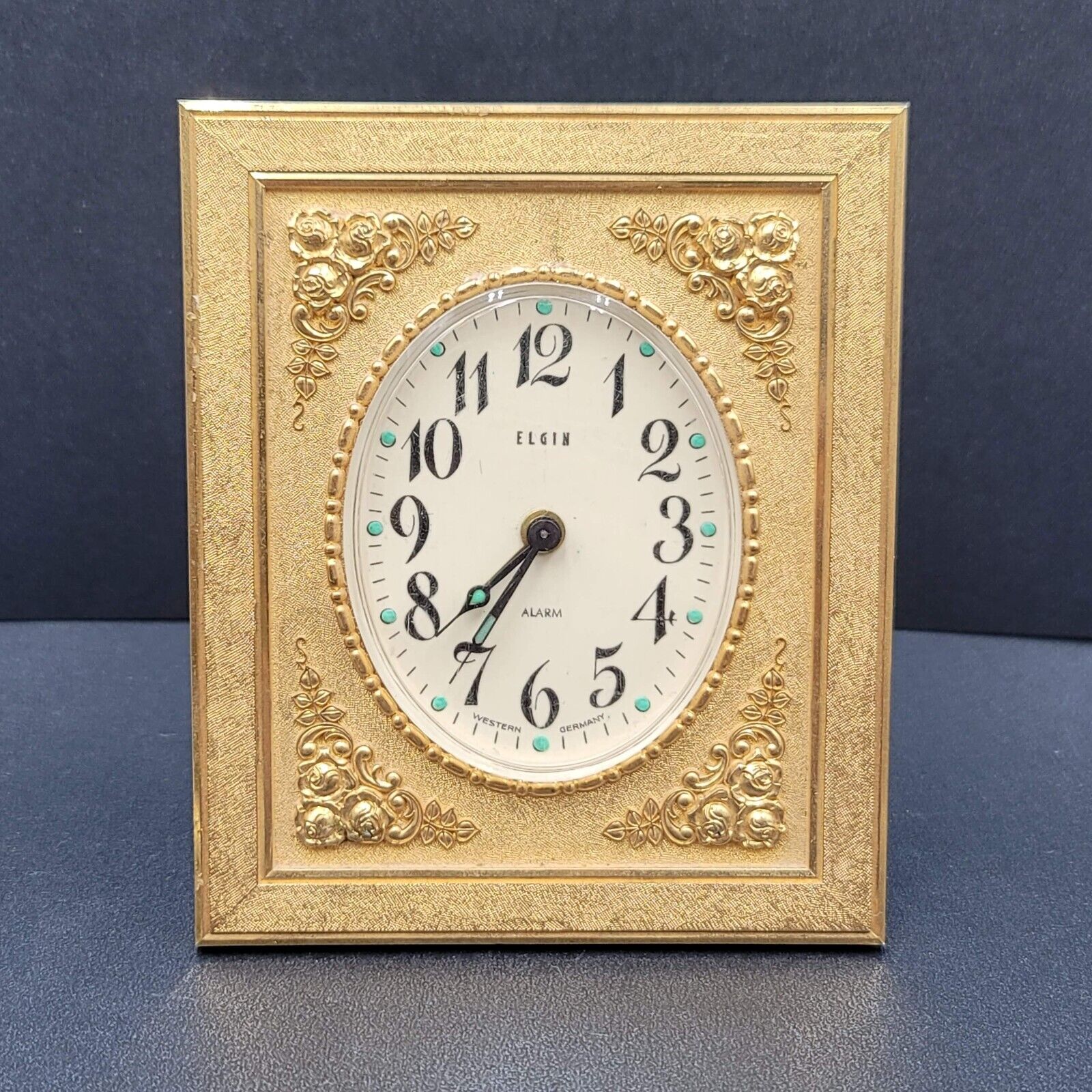 Vintage Elgin Wind Up Alarm Clock Gold Frame West Germany 4.35\