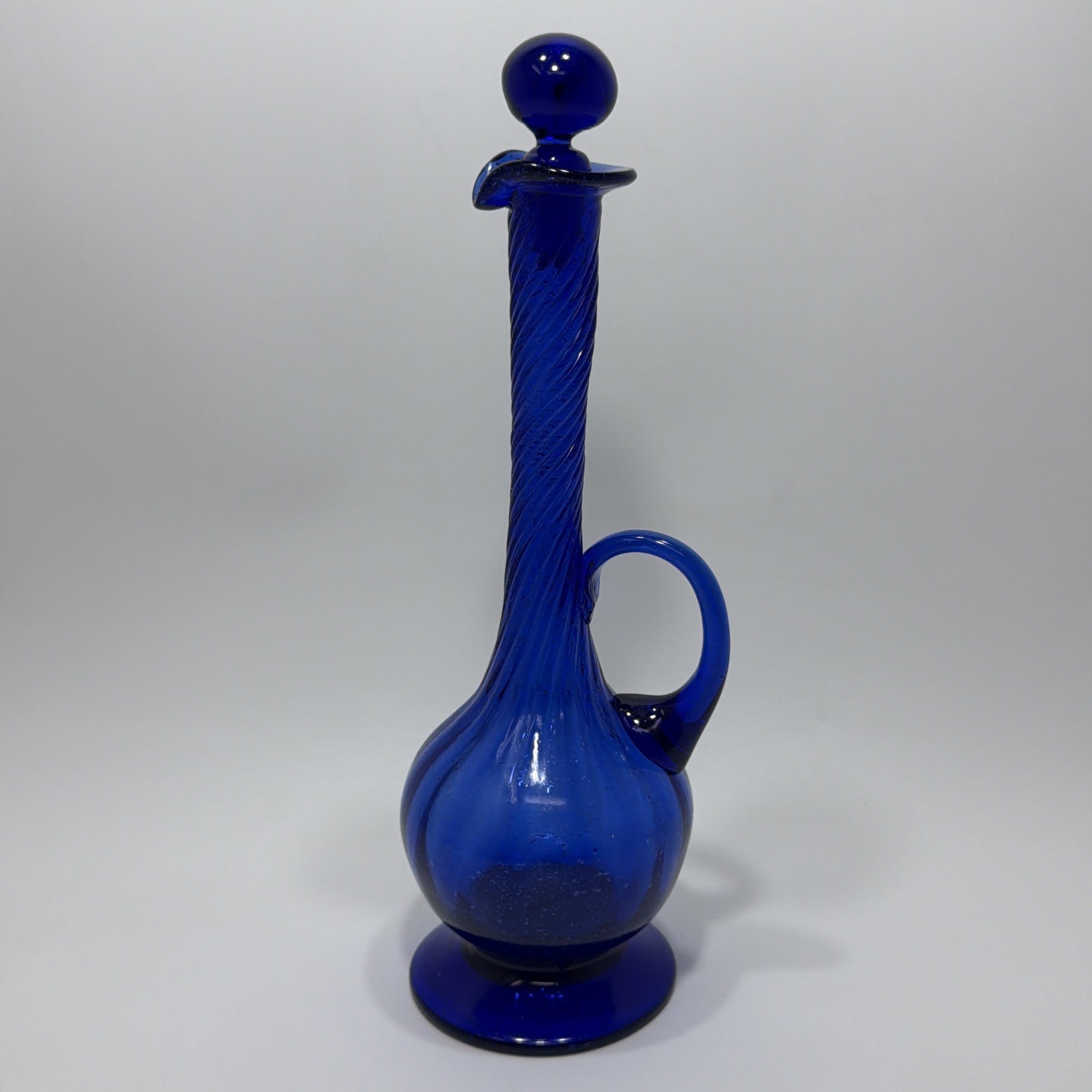 Vintage Cobalt Blue Art Glass Oil Decanter Bottle Hand Blown 9” Mid Century