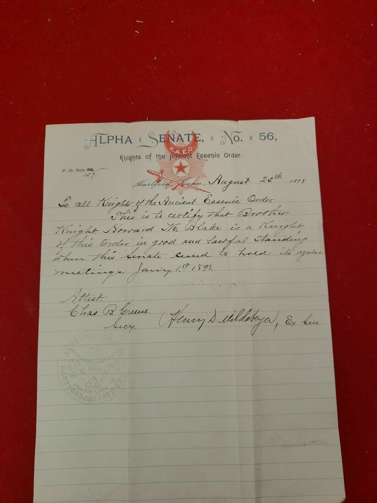 1898 Knights of the Ancient Essenic Order Alpha Senate letter of Knighthood 1898 Knights of the Ancient Essenic Order Alpha Senate letter of Knighthood
